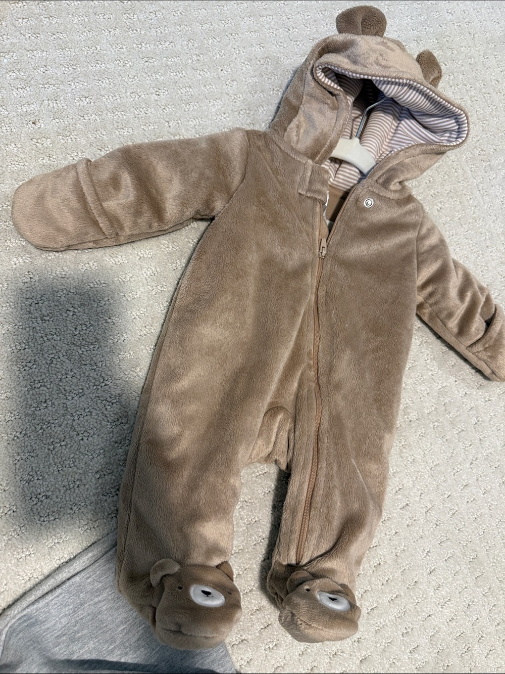 Plush Hooded Baby Footed One-Piece in Tan by